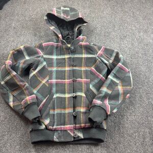 BILLABONG Women’s Hooded Plaid Bomber Jacket winter coat Grey/Pink size Smalll